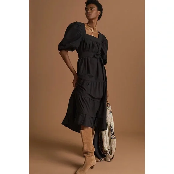 NWT ANTHROPOLOGIE LOVE THE LABEL PUFF SLEEVED MIDI DRESS IN BLACK